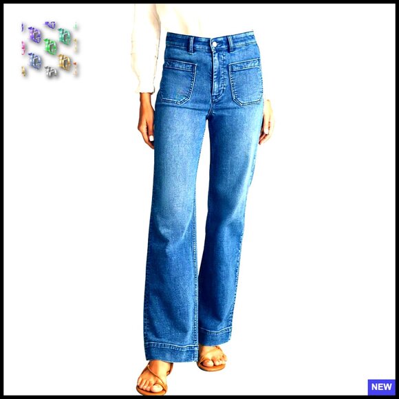 Wide Leg High Waisted Stretchy Denim Jeans Straight Leg Tummy Control Pockets